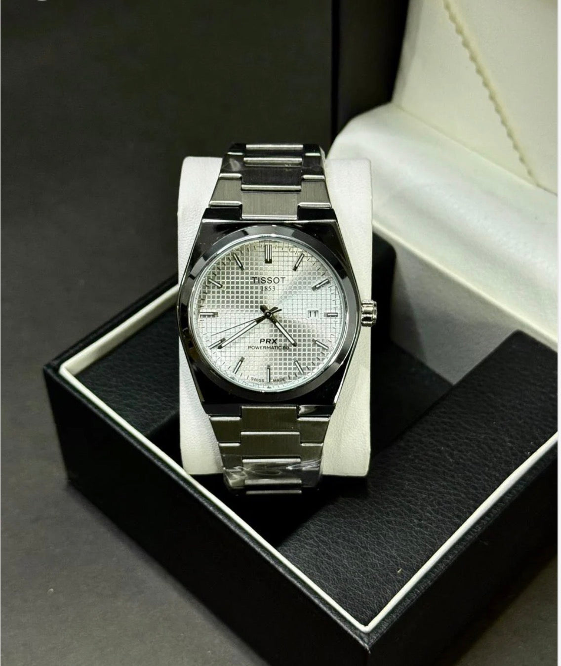 TISSOT PRX | QUARTZ | WAFFLE DIAL | SILVER WITH WHITE | SAPPHIRE GLASS | MASTER LOCK | PREMIUM QUALITY