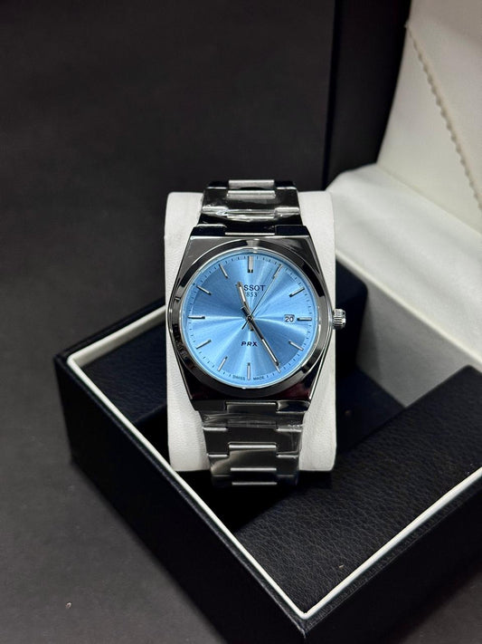 TISSOT PRX | QUARTZ | PLAIN DIAL | SILVER WITH ICE BLUE| SAPPHIRE GLASS | MASTER LOCK | PREMIUM QUALITY